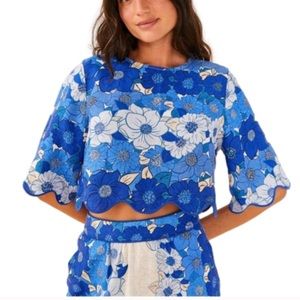FARM Rio Blue Floral Scalloped Crop Top
